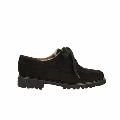 Brunate Lambskin Fodrade Spets Up Platta Skor Dam Svarta | SKP-765942